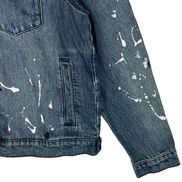 New WeSC Men US M Classic Casual Jacket White Paint Splatter Blue Denim | $220 - Picture 8 of 15